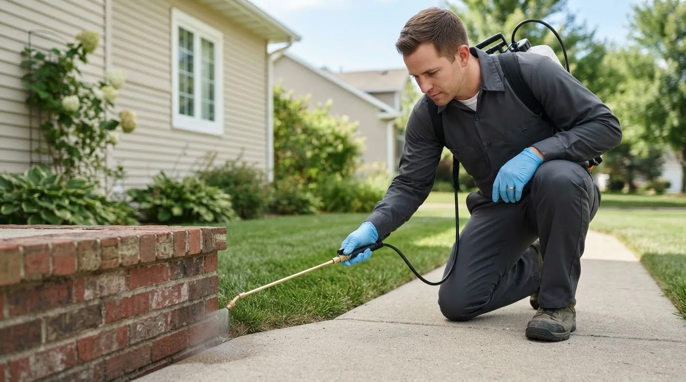 Pest control technician treating a home near Rudolph, OH