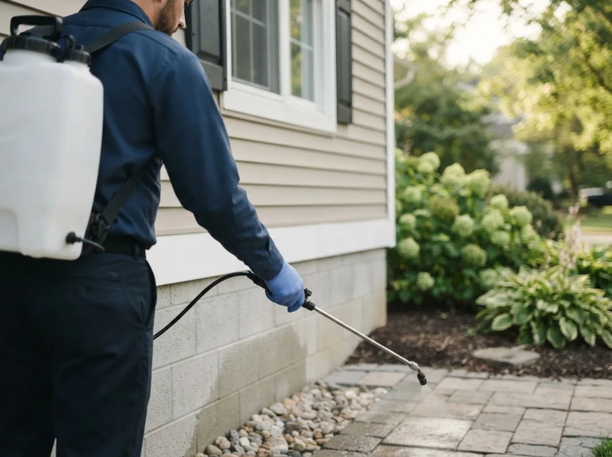Pest control technician inspecting a home in Rudolph, OH